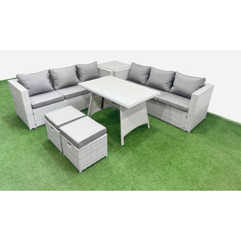 Fimous Rattan Garden Furniture Dining Set 8-seater Patio Rectangular Table 3 Seater Sofa Set with Side Table 2 Small Stools Light Grey