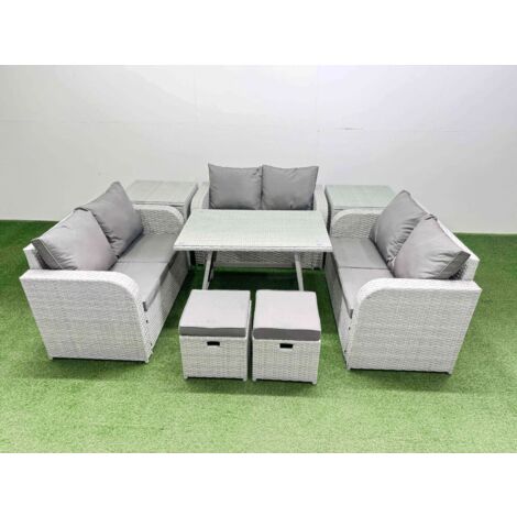 Fimous Rattan Garden Furniture Dining Set 8-seater Patio Rectangular Table Love Sofa Set with 2 Side Tables 2 Small Stools