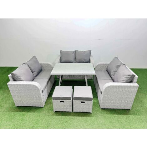 Fimous Rattan Garden Furniture Dining Set 8-seater Patio Rectangular Table Love Sofa Set with 2 Small Stools