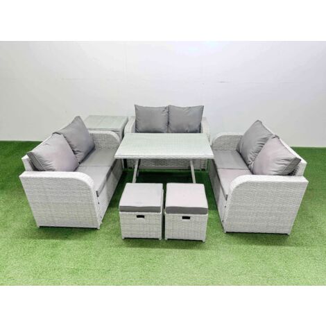Fimous Rattan Garden Furniture Dining Set 8-seater Patio Rectangular Table Love Sofa Set with Side Table 2 Small Stools