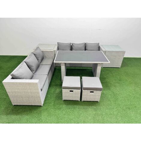 Fimous Rattan Garden Furniture Dining Set 8-seater Patio Rectangular Table Sofa Set with 2 Side Tables 2 Small Stools Light Grey