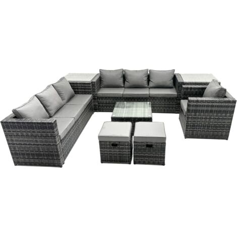 Fimous Rattan Garden Furniture Dining Set 9-seater Patio Coffee Table Sofa Set with 2 Side Tables 2 Small Stools Dark Grey Mixed