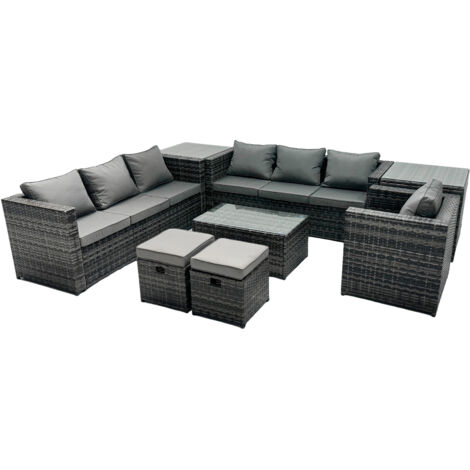 Fimous Rattan Garden Furniture Dining Set 9-seater Patio Coffee Table Sofa Set with 2 Small Stools 2 Side Tables Dark Grey Mixed
