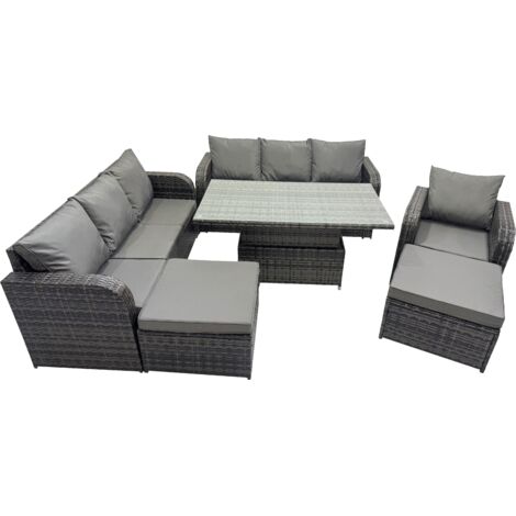 Fimous Rattan Garden Furniture Dining Set 9-seater Patio Height Adjustable Rising Lifting Table Sofa Set with 2 Big Footstool Dark Grey Mixed