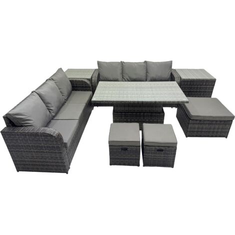 Fimous Rattan Garden Furniture Dining Set 9-seater Patio Height Adjustable Rising Lifting Table Sofa Set with 2 Side Table 3 Footstools Dark Grey Mixed