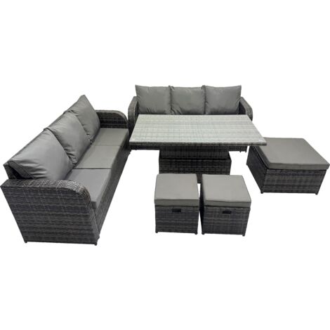 Fimous Rattan Garden Furniture Dining Set 9-seater Patio Height Adjustable Rising Lifting Table Sofa Set with 3 Footstools Dark Grey Mixed