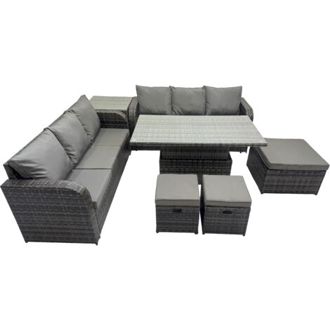 Fimous Rattan Garden Furniture Dining Set 9-seater Patio Height Adjustable Rising Lifting Table Sofa Set with Side Table 3 Footstools Dark Grey Mixed