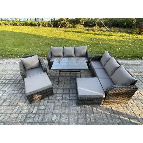 Fimous Rattan Garden Furniture Dining Set 9 seater Patio Rectangular Table 2 Big Footstool Dark Grey Mixed