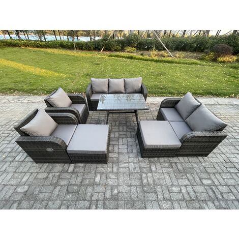 Fimous Rattan Garden Furniture Dining Set 9 seater Patio Rectangular Table 2 Big Footstool Love Sofa Dark Grey Mixed