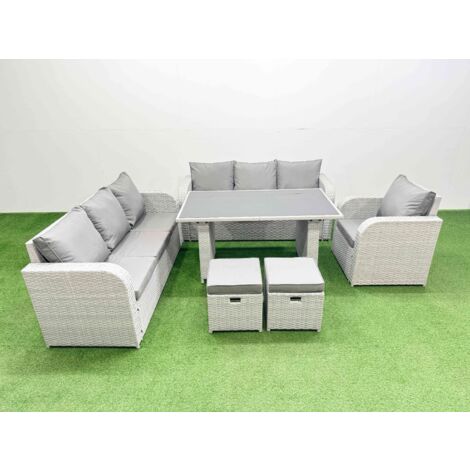 Fimous Rattan Garden Furniture Dining Set 9-seater Patio Rectangular Table Sofa Set with 2 Small Stools Light Grey
