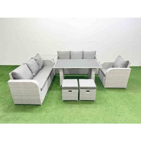 Fimous Rattan Garden Furniture Dining Set 9-seater Patio Rectangular Table Sofa Set with Side Table 2 Small Stools Light Grey