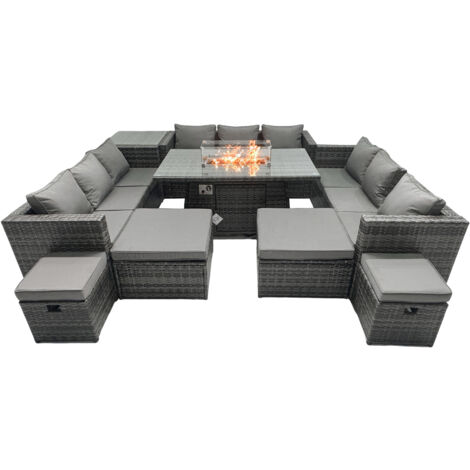 Fimous Rattan Garden Furniture Firepit Dining Set 13 Seater Lounge Sofa Firepit Dining Table Set with 4 Footstools Side Tables