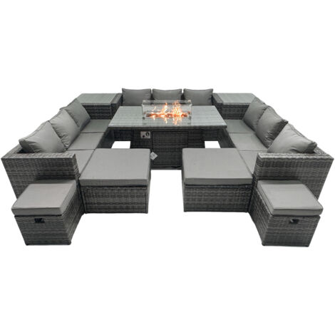 Fimous Rattan Garden Furniture Firepit Dining Set 13 Seater Lounge Sofa Table Set with 4 Footstools 2 Side Tables