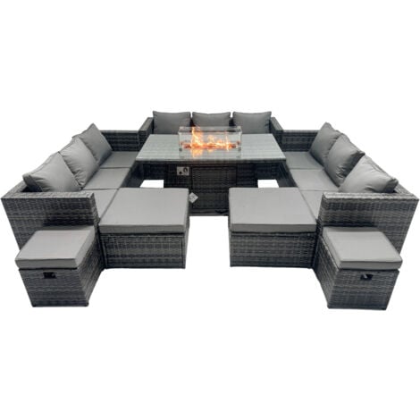 Fimous Rattan Garden Furniture Firepit Dining Set 13 Seater Lounge Sofa Table Set with 4 Footstools
