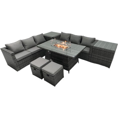 Fimous Rattan Garden Furniture Firepit Dining Set 8 Seater Lounge Sofa Table Set with 2 Small Footstools