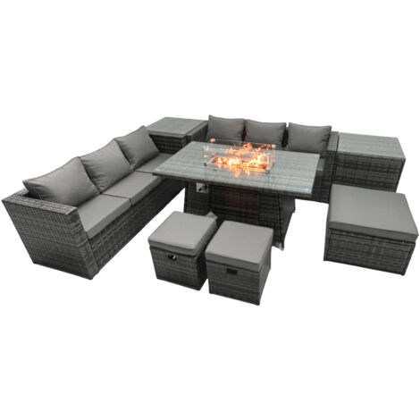 Fimous Rattan Garden Furniture Firepit Dining Set 9 Seater Lounge Sofa Table Set with 2 Side Table 3 Footstool