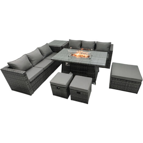 Fimous Rattan Garden Furniture Firepit Dining Set 9 Seater Lounge Sofa Table Set with Side Table 3 Footstool