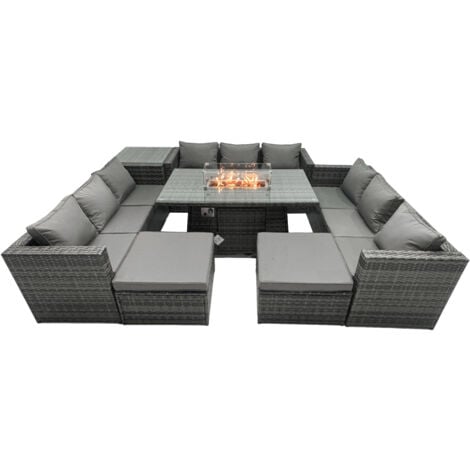 Fimous Rattan Garden Furniture Firepit Set Outdoor 10 Seater Patio Dining Sets with Glass Top Dining Table Side Tables