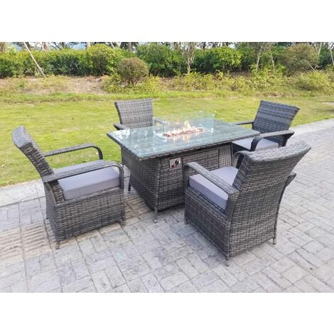 Fimous Rattan Garden Furniture Gas Fire Pit Rectangle Dining Table Gas Heater And Dining Chairs 4 Seater
