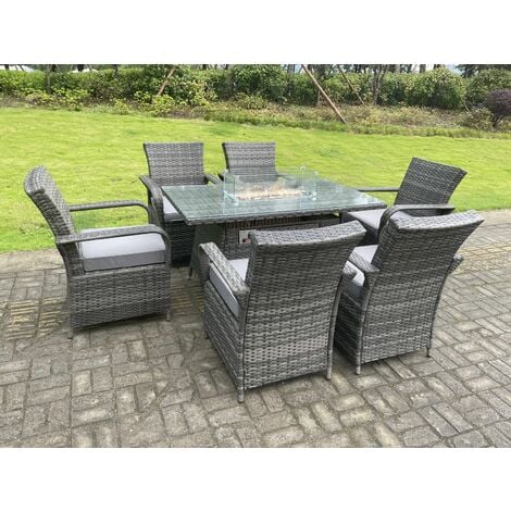 Fimous Rattan Garden Furniture Gas Fire Pit Rectangle Dining Table Gas Heater And Dining Chairs 6 Seater