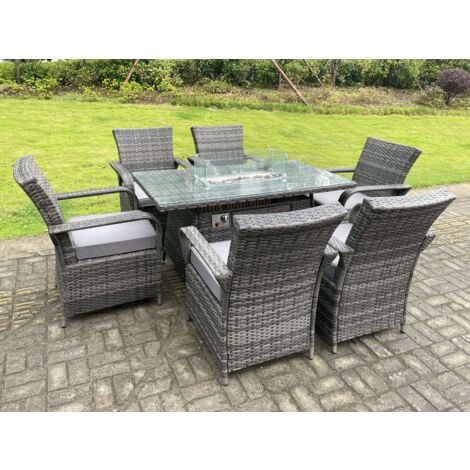 Fimous Rattan Garden Furniture Gas Fire Pit Rectangle Round Dining Table And Dining Chairs 6 Seater + Rectangular Table