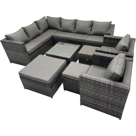 Fimous Rattan Garden Furniture Patio Furniture Sets with Corner Sofa 2 Chairs Square Coffee Table 3 Footstools Dark Grey Mixed