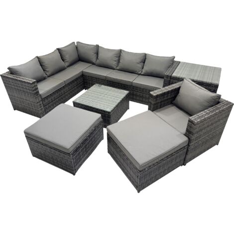 Fimous Rattan Garden Furniture Patio Furniture Sets with Corner Sofa Chair Square Coffee Table 2 Big Footstools Side Table Dark Grey Mixed