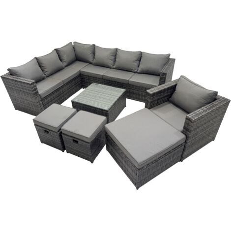 Fimous Rattan Garden Furniture Patio Furniture Sets with Corner Sofa Chair Square Coffee Table 3 Footstools Dark Grey Mixed