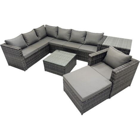 Fimous Rattan Garden Furniture Patio Furniture Sets with Corner Sofa Chair Square Coffee Table Big Footstool Side Table Dark Grey Mixed