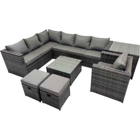 Fimous Rattan Garden Furniture Patio Furniture Sets with Corner Sofa Chair Square Coffee Table Side Table 2 Small Footstools Dark Grey Mixed