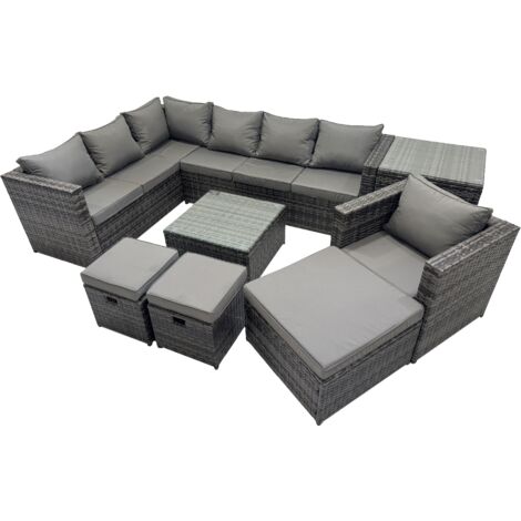 Fimous Rattan Garden Furniture Patio Furniture Sets with Corner Sofa Chair Square Coffee Table Side Table 3 Footstools Dark Grey Mixed