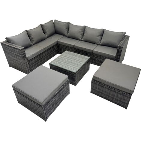Fimous Rattan Garden Furniture Patio Furniture Sets with Corner Sofa Square Coffee Table 2 Big Footstools Dark Grey Mixed
