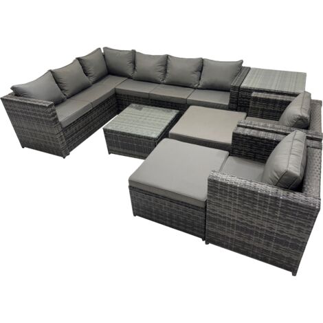 Fimous Rattan Garden Furniture Patio Furniture Sets with Corner Sofa Square Coffee Table 2 Big Stool Dark Grey Mixed