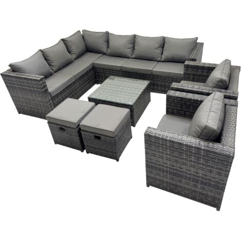 Fimous Rattan Garden Furniture Patio Furniture Sets with Corner Sofa Square Coffee Table 2 Small Footstools Dark Grey Mixed