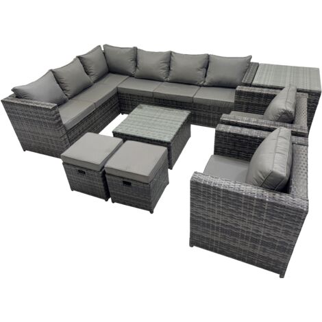 Fimous Rattan Garden Furniture Patio Furniture Sets with Corner Sofa Square Coffee Table 2 Small Footstools Side Table Dark Grey Mixed