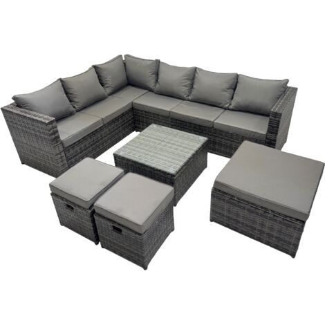 Fimous Rattan Garden Furniture Patio Furniture Sets with Corner Sofa Square Coffee Table 3 Footstools Dark Grey Mixed