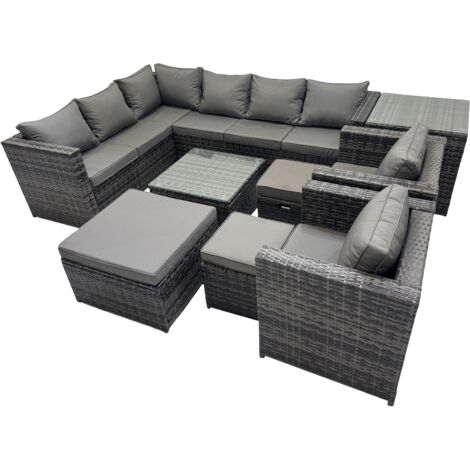 Fimous Rattan Garden Furniture Patio Furniture Sets with Corner Sofa Square Coffee Table 3 Footstools Side Table Dark Grey Mixed