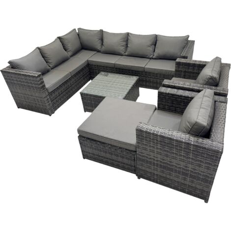 Fimous Rattan Garden Furniture Patio Furniture Sets with Corner Sofa Square Coffee Table Big Stool Dark Grey Mixed
