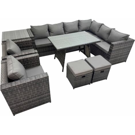 Fimous Rattan garden furniture Patio Furniture Sets with Dining Table 2 Small Stools 2 Chair Side Table Dark Grey Mixed