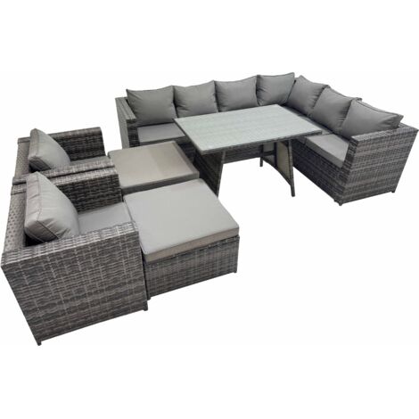 Fimous Rattan garden furniture Patio Furniture Sets with Dining Table 2 Stools Dark Grey Mixed