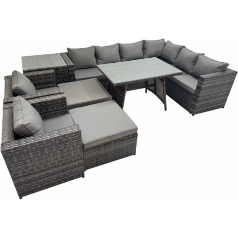 Fimous Rattan garden furniture Patio Furniture Sets with Dining Table 2 Stools Side Table Dark Grey Mixed