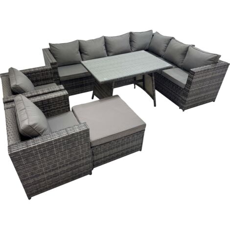 Fimous Rattan garden furniture Patio Furniture Sets with Dining Table Big Stool 2 Chair Dark Grey Mixed