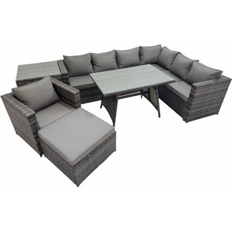 Fimous Rattan garden furniture Patio Furniture Sets with Dining Table Chair Big Stool Side Table Dark Grey Mixed