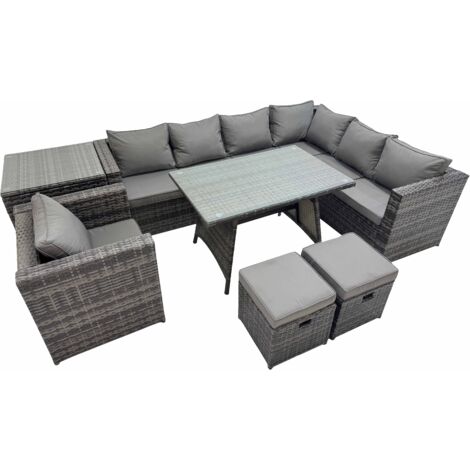 Fimous Rattan garden furniture Patio Furniture Sets with Dining Table Side Table 2 Small Stools Dark Grey Mixed