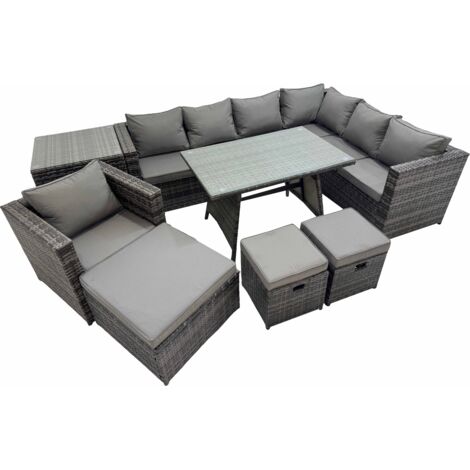Fimous Rattan garden furniture Patio Furniture Sets with Dining Table Side Table 3 Stools Dark Grey Mixed