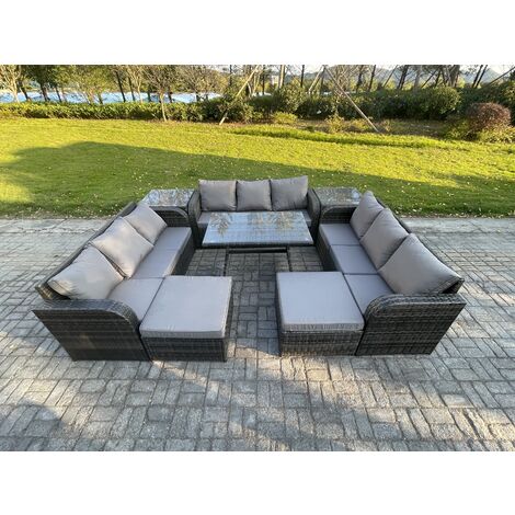 Fimous Rattan Garden Furniture Set 11 Seater Patio Outdoor Lounge Sofa Set with 2 Side Tables Rectangular Dining Table 2 Big Footstool Dark Grey Mixed