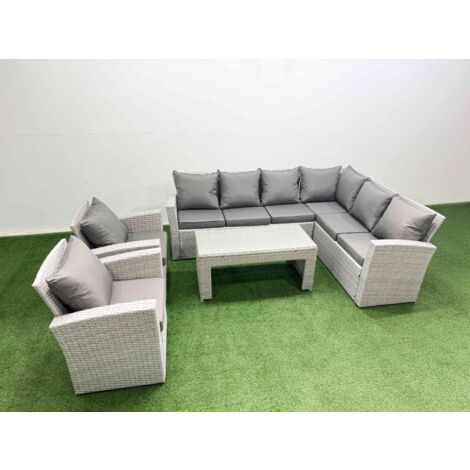 Fimous Rattan Garden Furniture Set 5 Pieces Outdoor Garden Sofa Oblong Coffee Table Set with 2 Chairs Light Grey Mixed