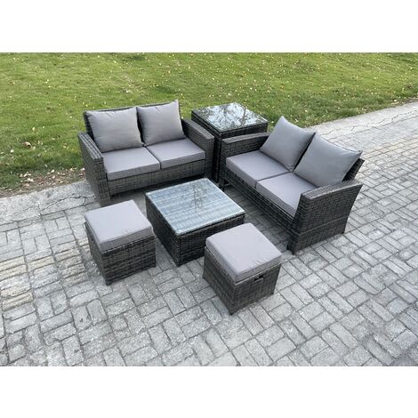 Fimous Rattan Garden Furniture Set 6 piece Patio Rattan Furniture Sofa Weaving Wicker includes 2 Double Seat Sofa, Coffee Table, 2 Small Footstools and Side Table