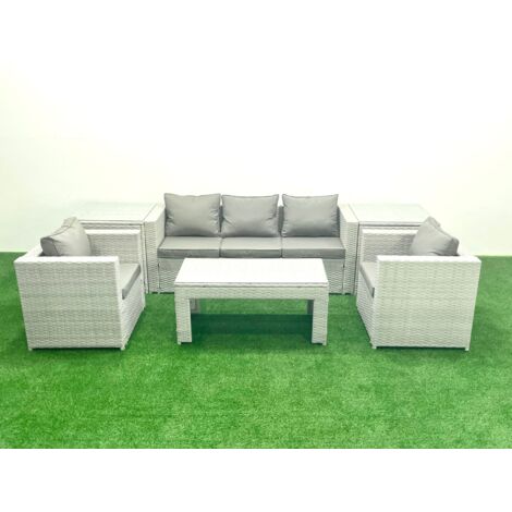 Fimous Rattan Garden Furniture Set 6 Pieces Outdoor Garden Sofa Oblong Coffee Table Set with 2 Chairs 2 Side Tabes Light Grey Mixed
