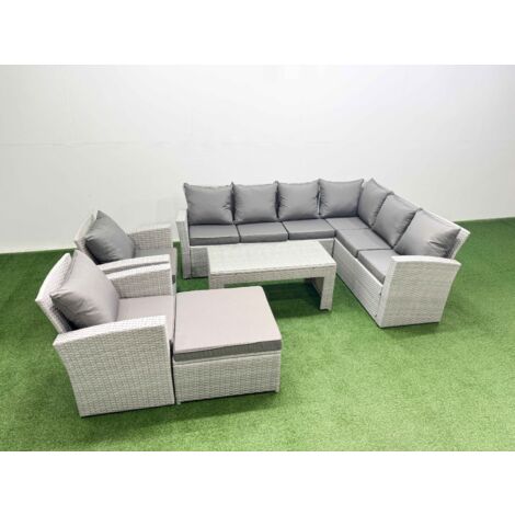 Fimous Rattan Garden Furniture Set 6 Pieces Outdoor Garden Sofa Oblong Coffee Table Set with 2 Chairs Big Footstool Light Grey Mixed